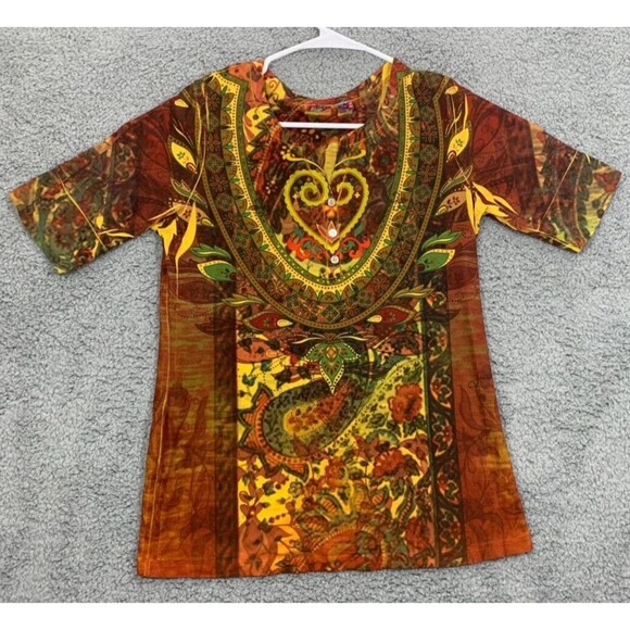 Cato Tops - Women's Small (S) Cato Wearble Art Blouse Colorful Artistic Vibrant Short Sleeve